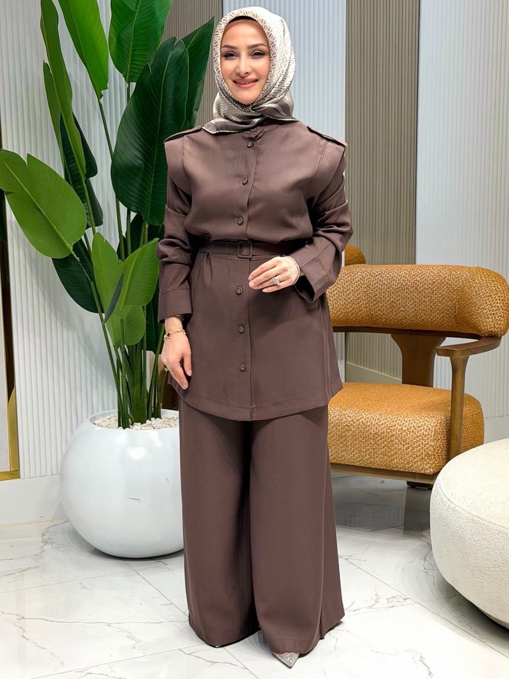 ARMİNE TREND 26YT636 KEMER DETAY PANTOLONLU TAKIM - KAHVERENGİ