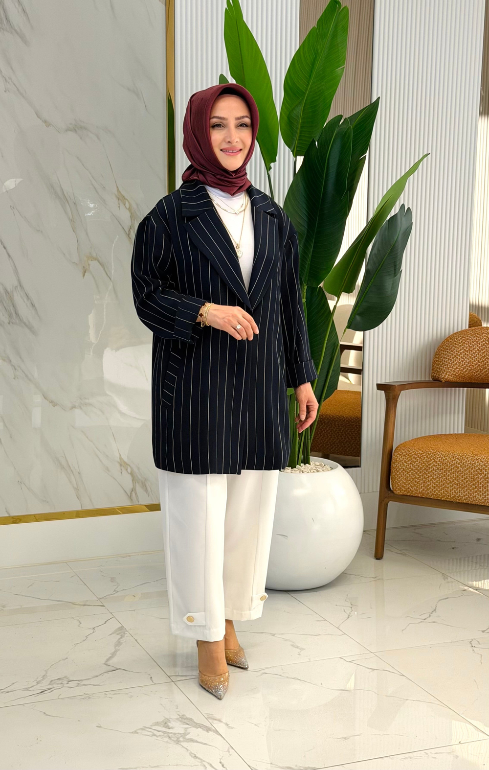 Armine Trend 26YT643 Çizgili Blazer Ceketli Pantolonlu Takım - Lacivert