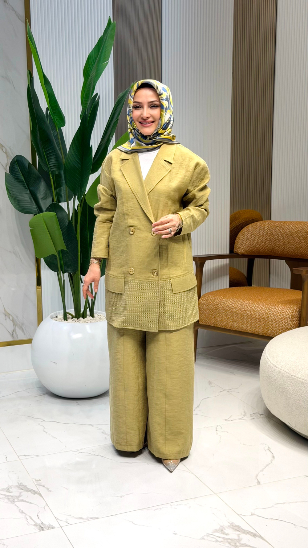 ARMİNE TREND BLAZER CEKETLİ FİLE DETAYLI PANTOLONLU TAKIM YAĞ YEŞİLİ- 26YT6151 