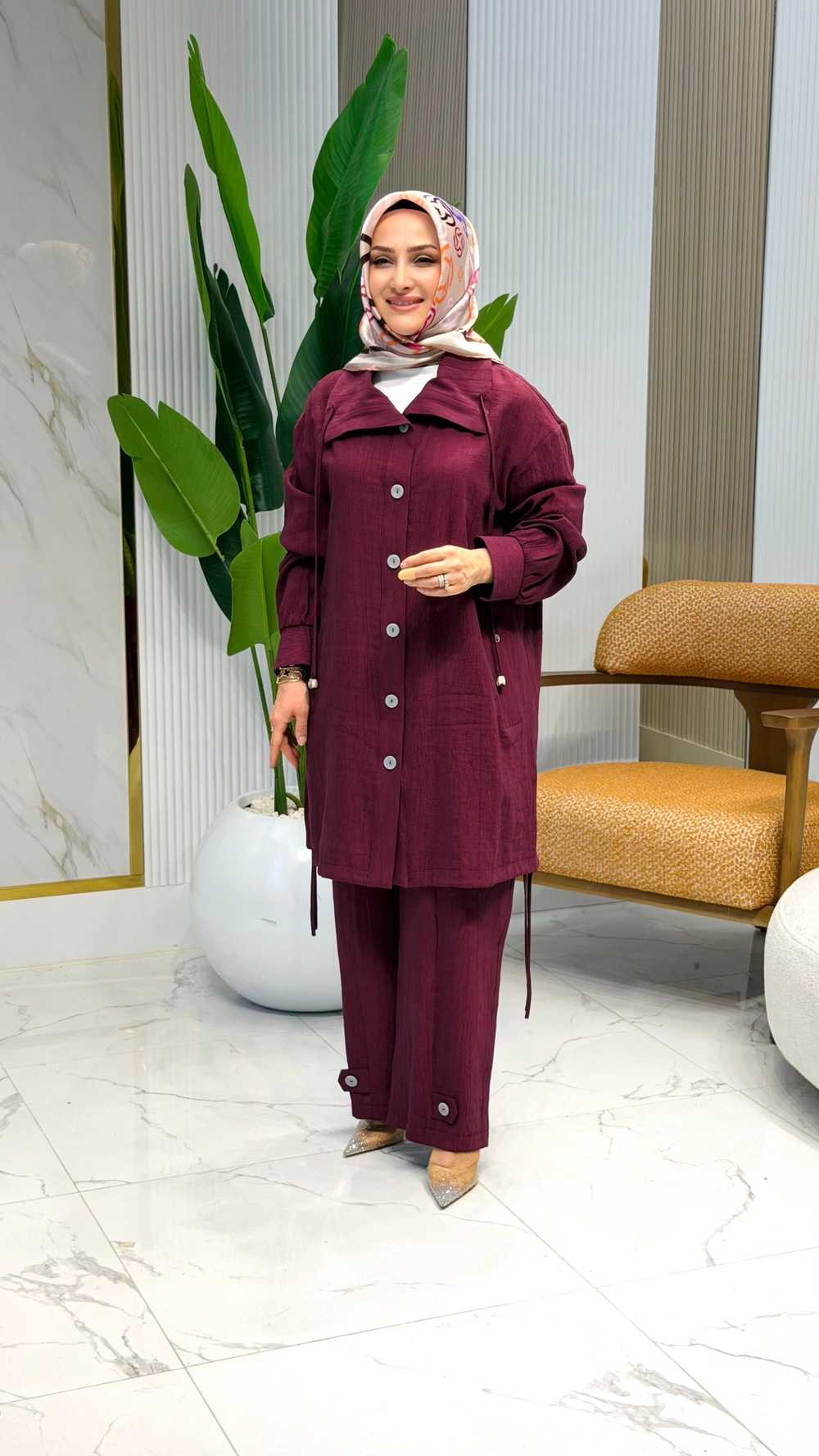 ARMİNE TREND DÜĞME DETAYLI PANTOLONLU TAKIM VİŞNE -26YT658