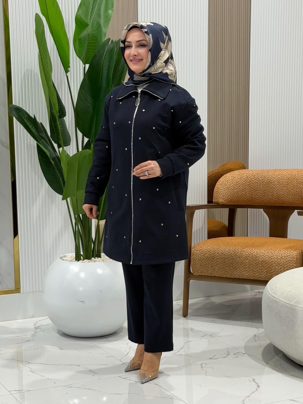 ARMİNE TREND FERMUARLI PANTOLONLU TAKIM LACİVERT -25KT685