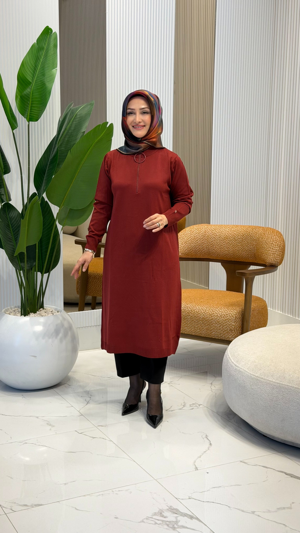 ARMİNE TREND YARIM FERMUAR DETAY TUNİK BORDO- 25KTD4113