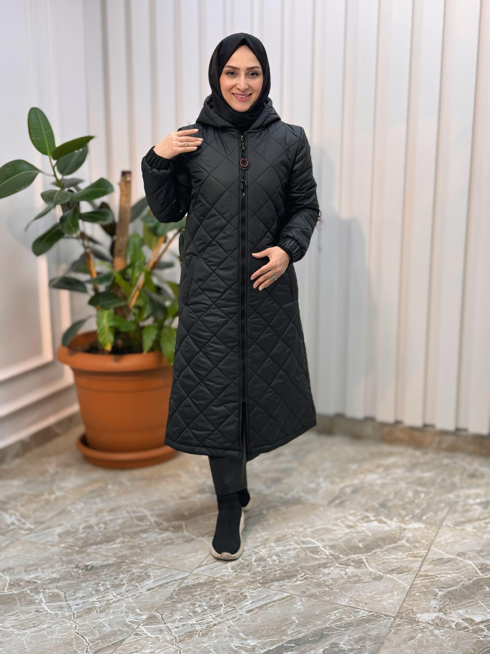 BAKLAVA DESEN,ÖNDEN FERMUARLI KAPÜŞONLU,ŞİŞME MONT-3616