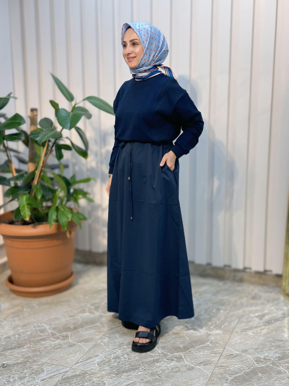 BELDEN BAĞLAMALI CEPLİ PARAŞÜT KUMAŞ ELBİSE-6013