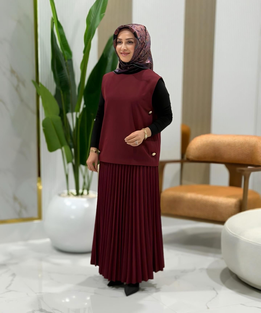 BELLİ YELEKLİ ETEKLİ TAKIM BORDO-25K6007