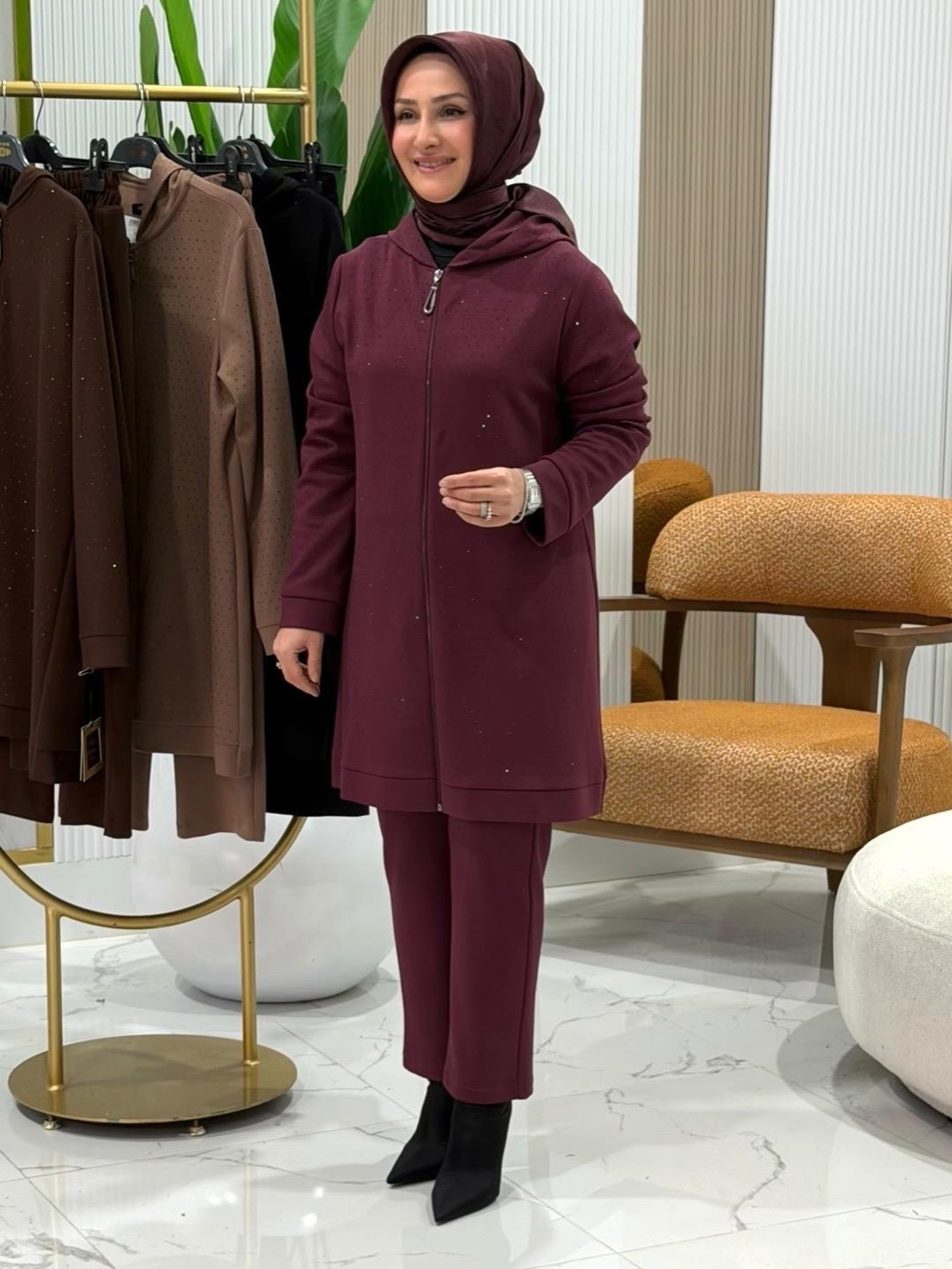 HAYA KAPÜŞONLU TAŞLI PANTOLONLU TAKIM BORDO- 1642