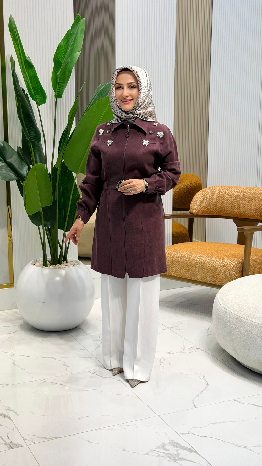 HAYA TAŞ DETAYLI KEMERLİ CEKET MÜRDÜM - 1704