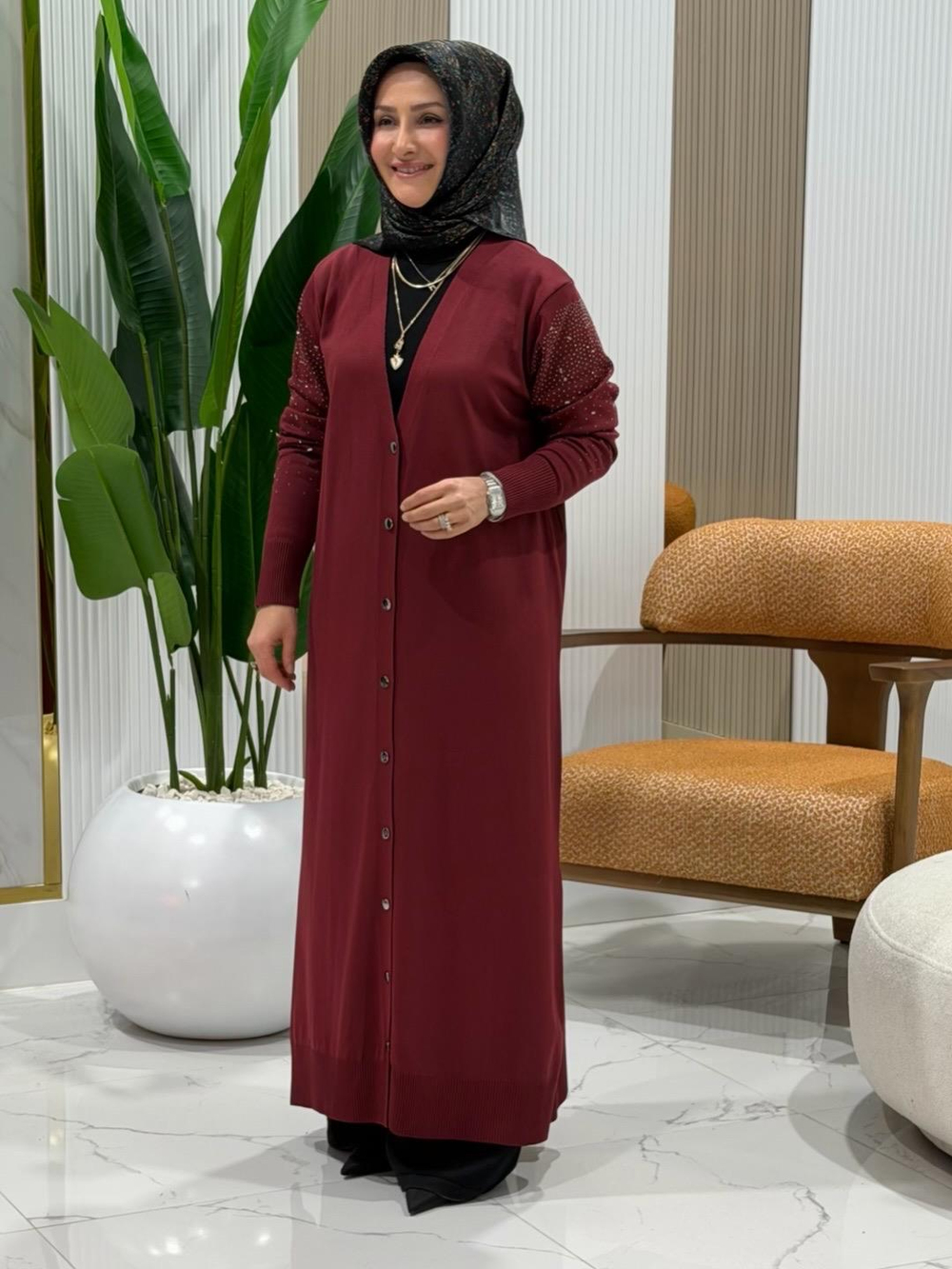 KADO ÖNÜ DÜĞMELİ KOLU TAŞ DETAYLI TRİKO HIRKA BORDO- 2725003
