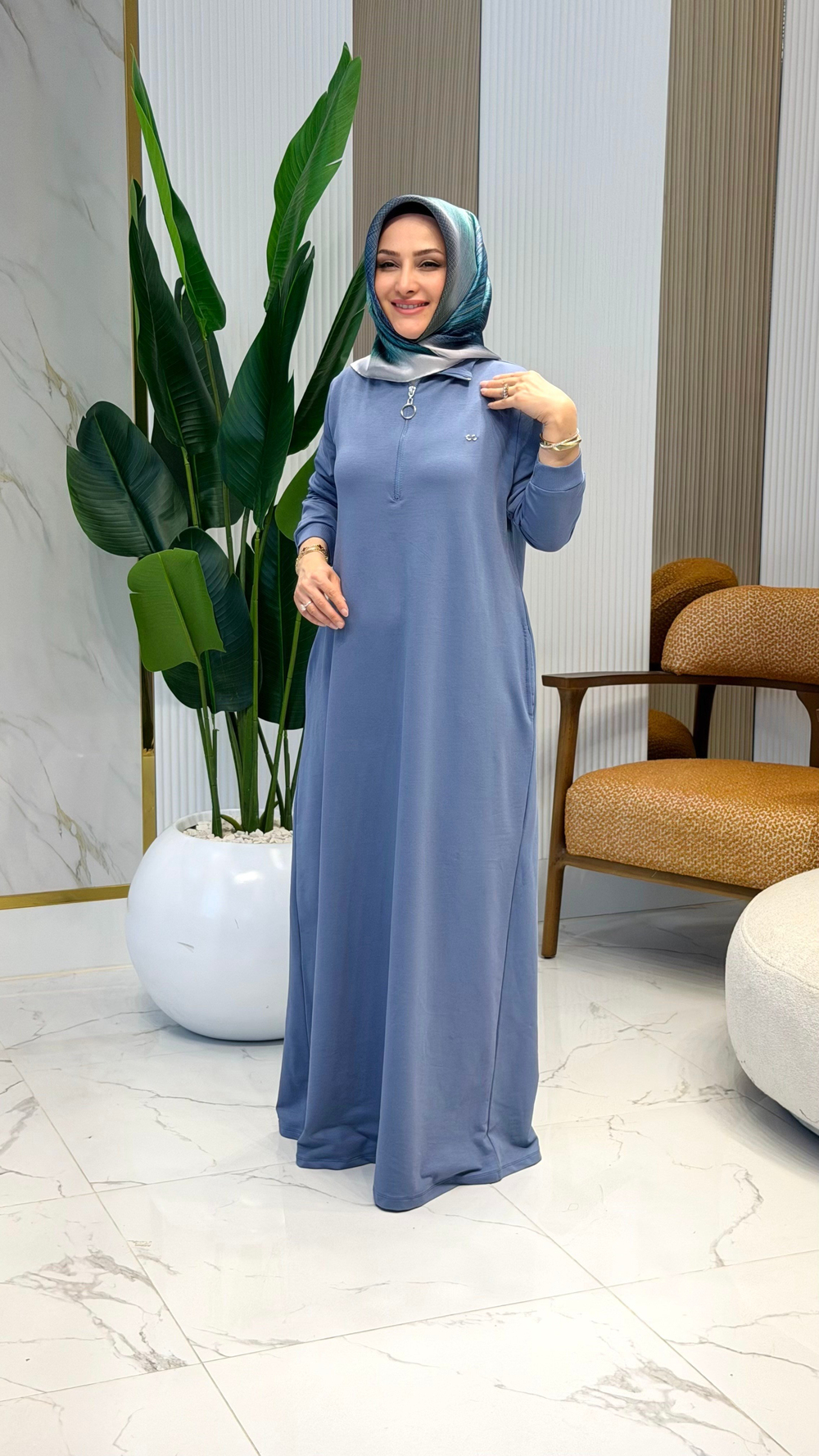 KADO ÖNÜ YARIM FERMUARLI RİBANALI CEPLİ ELBİSE 257324 - İNDİGO