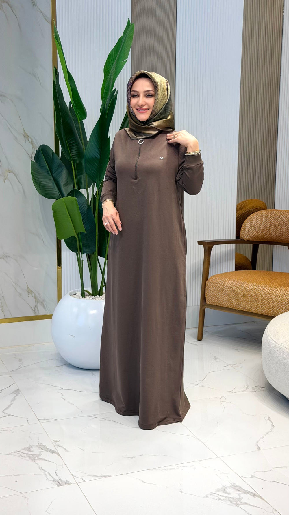 KADO ÖNÜ YARIM FERMUARLI RİBANALI CEPLİ ELBİSE 257324 - KAHVE