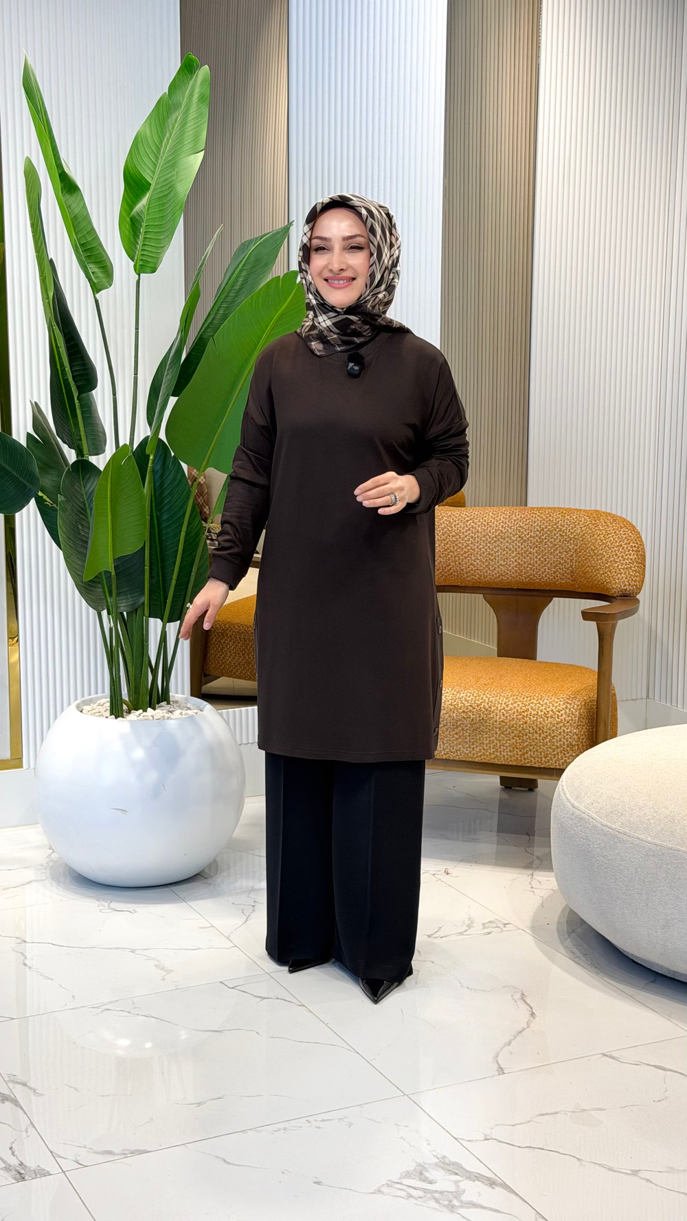 KADO YANLARI DÜĞMELİ TUNİK KAHVE- 268492
