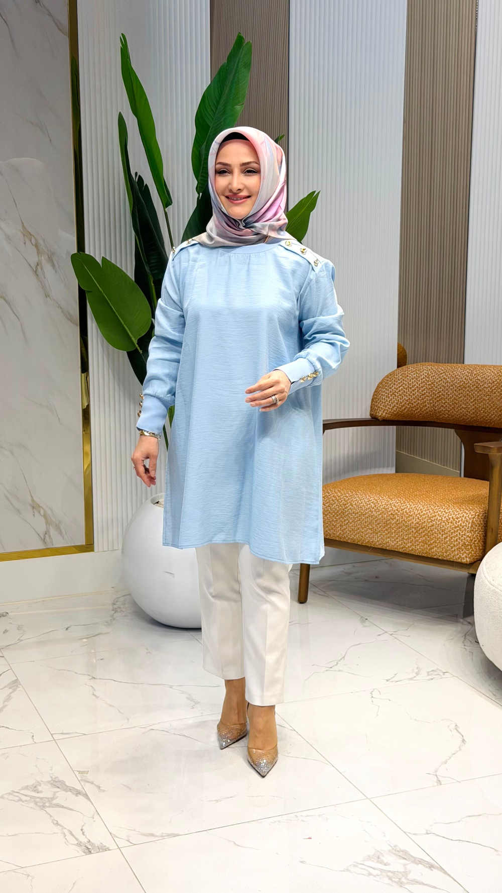 NOSHE OMUZ ALLERLİ TUNİK MAVİ -4653