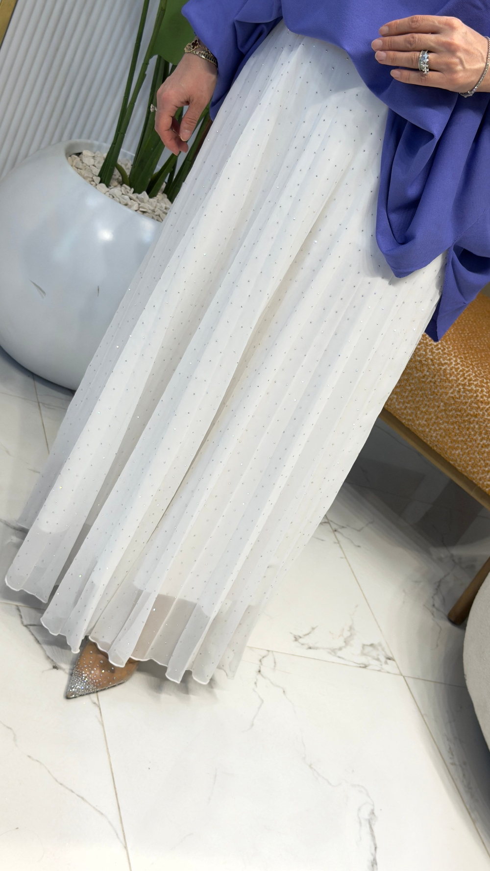ŞİFON TAŞLI PİLİSELİ ETEK BEYAZ-34529