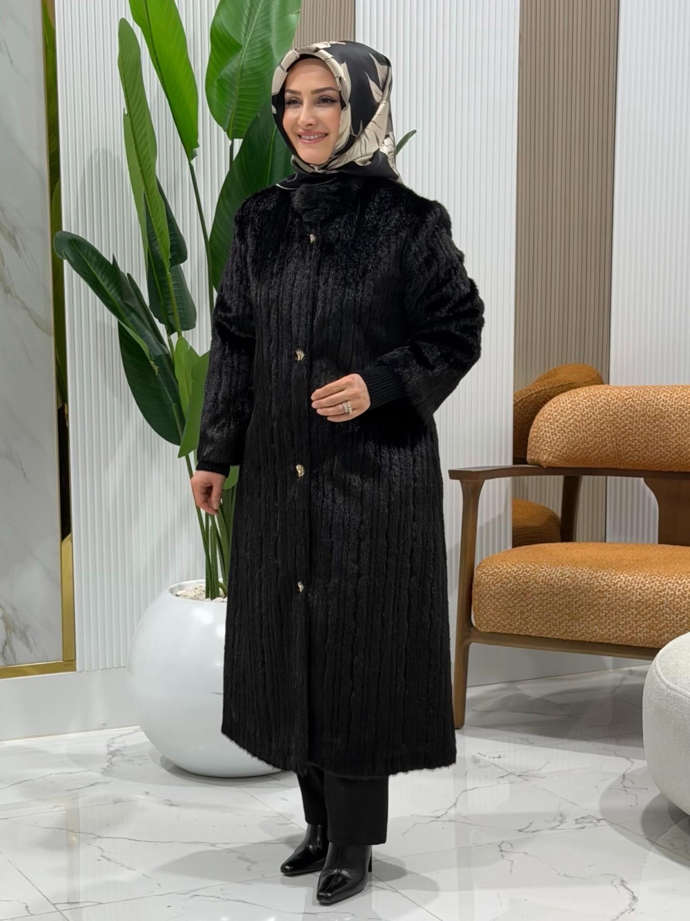 SOFF ANGORA UZUN KABAN SİYAH -1540