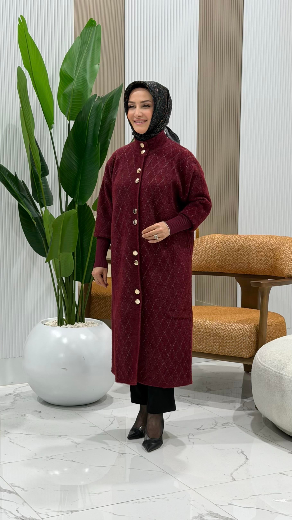 SOFF ÖNÜ DÜĞMELİ KOL RİBANALI ANGORA HIRKA BORDO - 4949