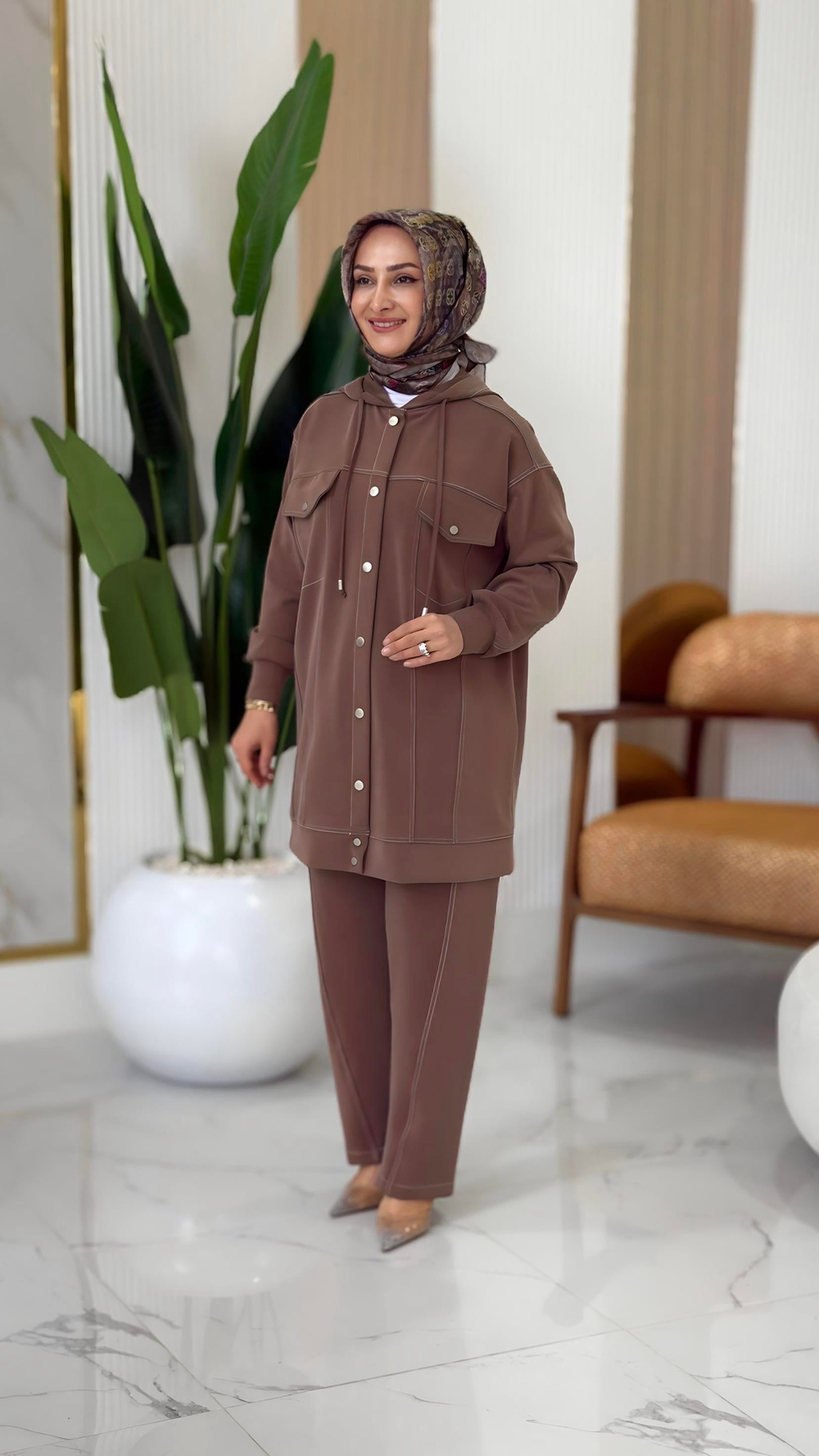 SPOR DİKİŞLİ PANTOLONLU İKİLİ TAKIM KAHVE- 5039.01