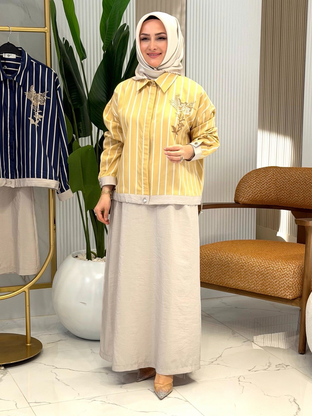TIĞ TRİKO BONCUK PUL DETAYLI NAKIŞLI ETEKLİ TAKIM SARI- 5065