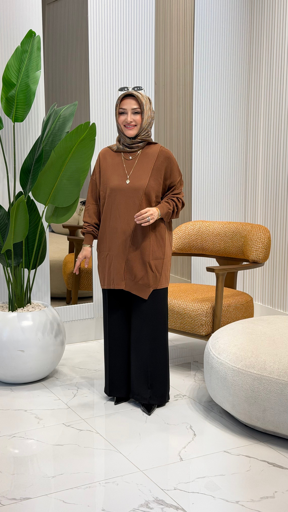 TIĞ TRİKO ÖRGÜ DETAYLI RAYON TUNİK KAHVE - 21872