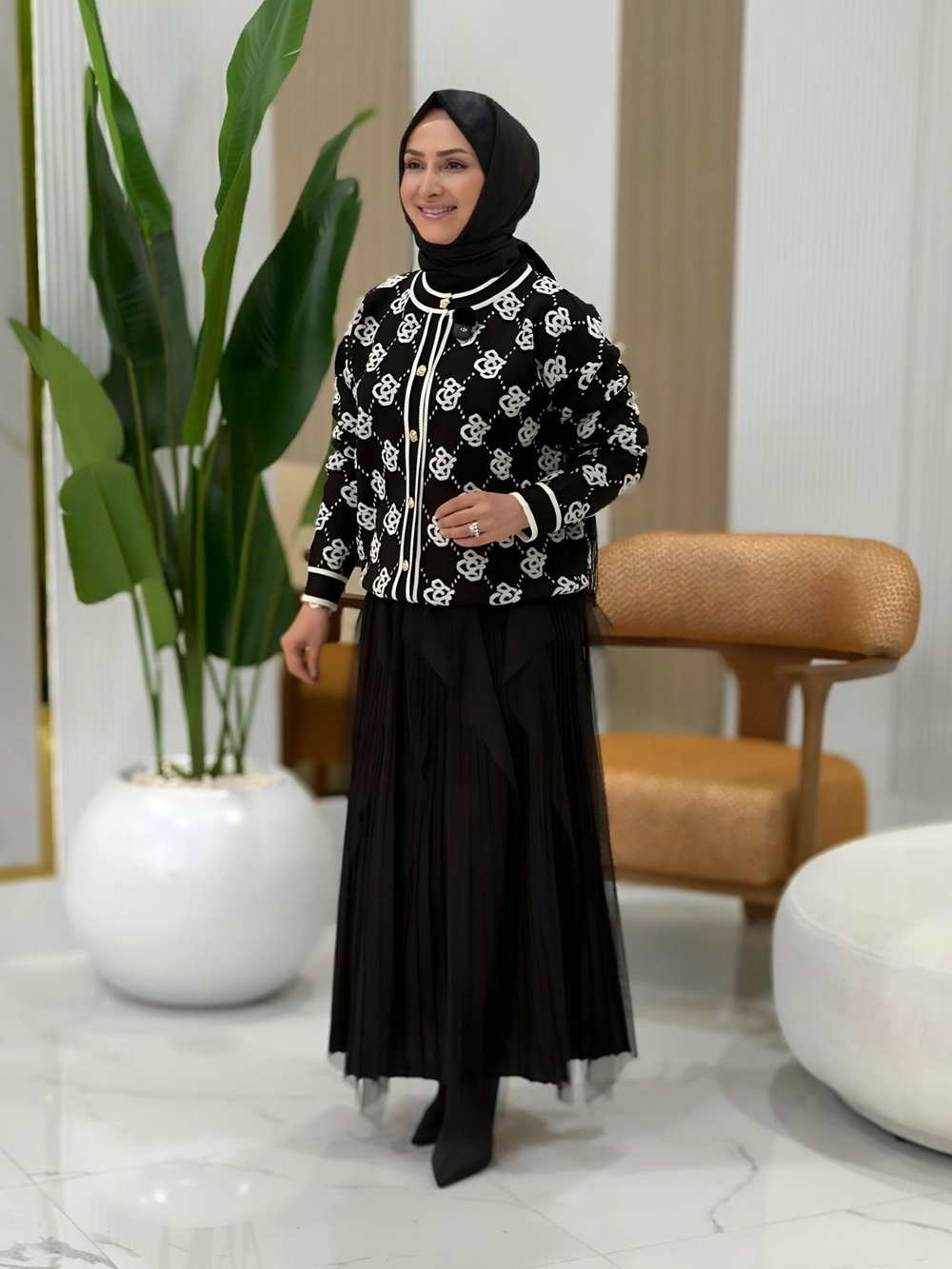 TIĞ TRİKO TÜL DETAYLI RAYON ETEK SİYAH-21979.01