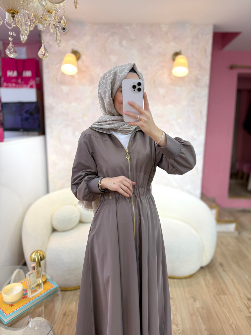 Fermuarlı Elbise-Camel