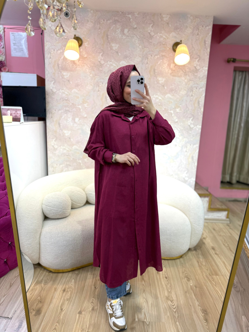 Natural Keten Tunik-Bordo