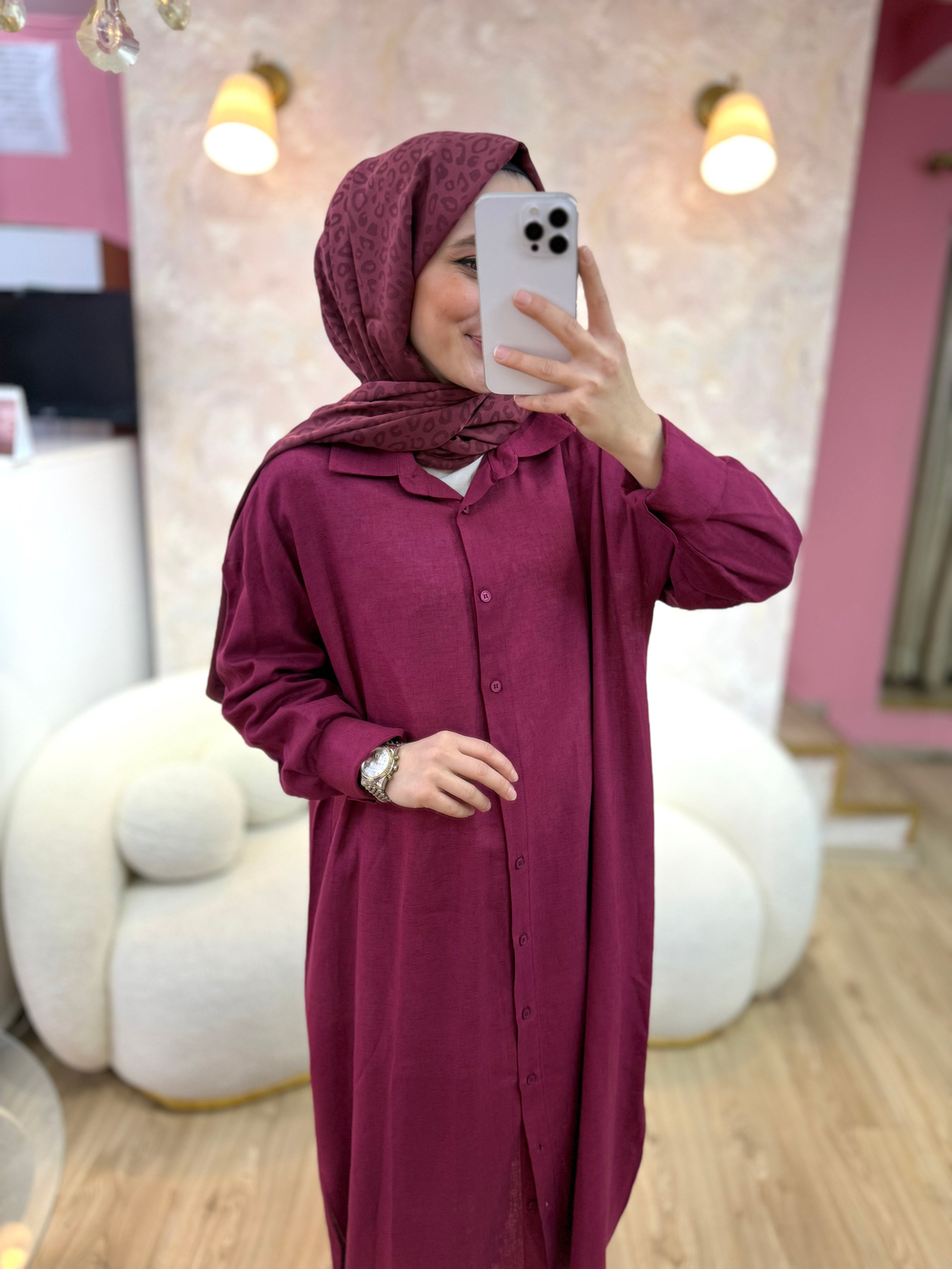 Natural Keten Tunik-Bordo