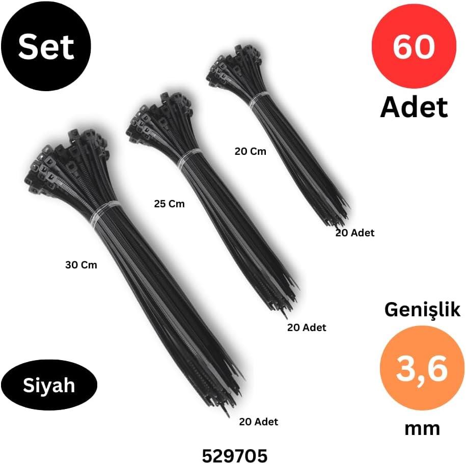 200-250-300 mm x 3,6 mm Plastik Kablo Bağı Cırt Kelepçe Siyah 60 Adet