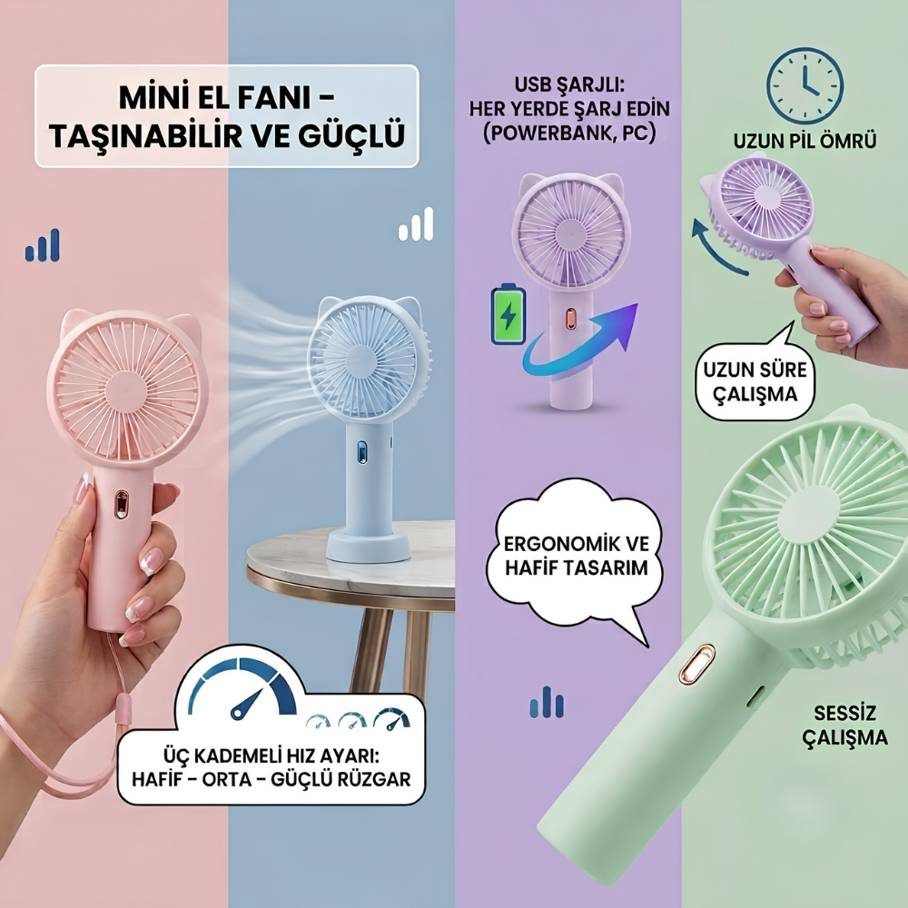 3 Kademeli Şarjlı Mini El Fanı USB Taşınabilir Sessiz Masaüstü Soğutucu Fan Kedi Kulaklı