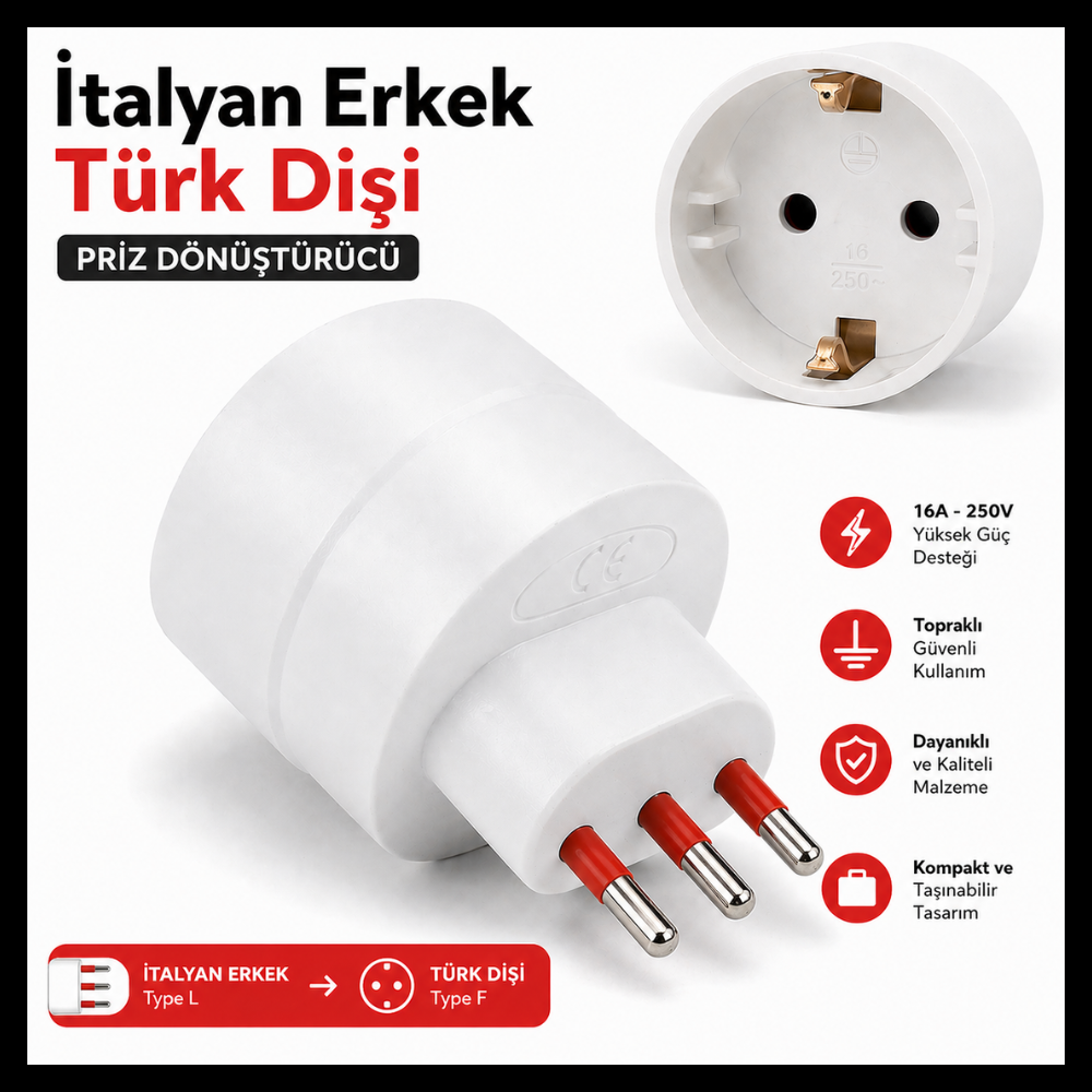 İtalyan Erkek Fiş Türk Priz Dönüştürücü Type L to Type F Priz Adaptörü 16A 250V