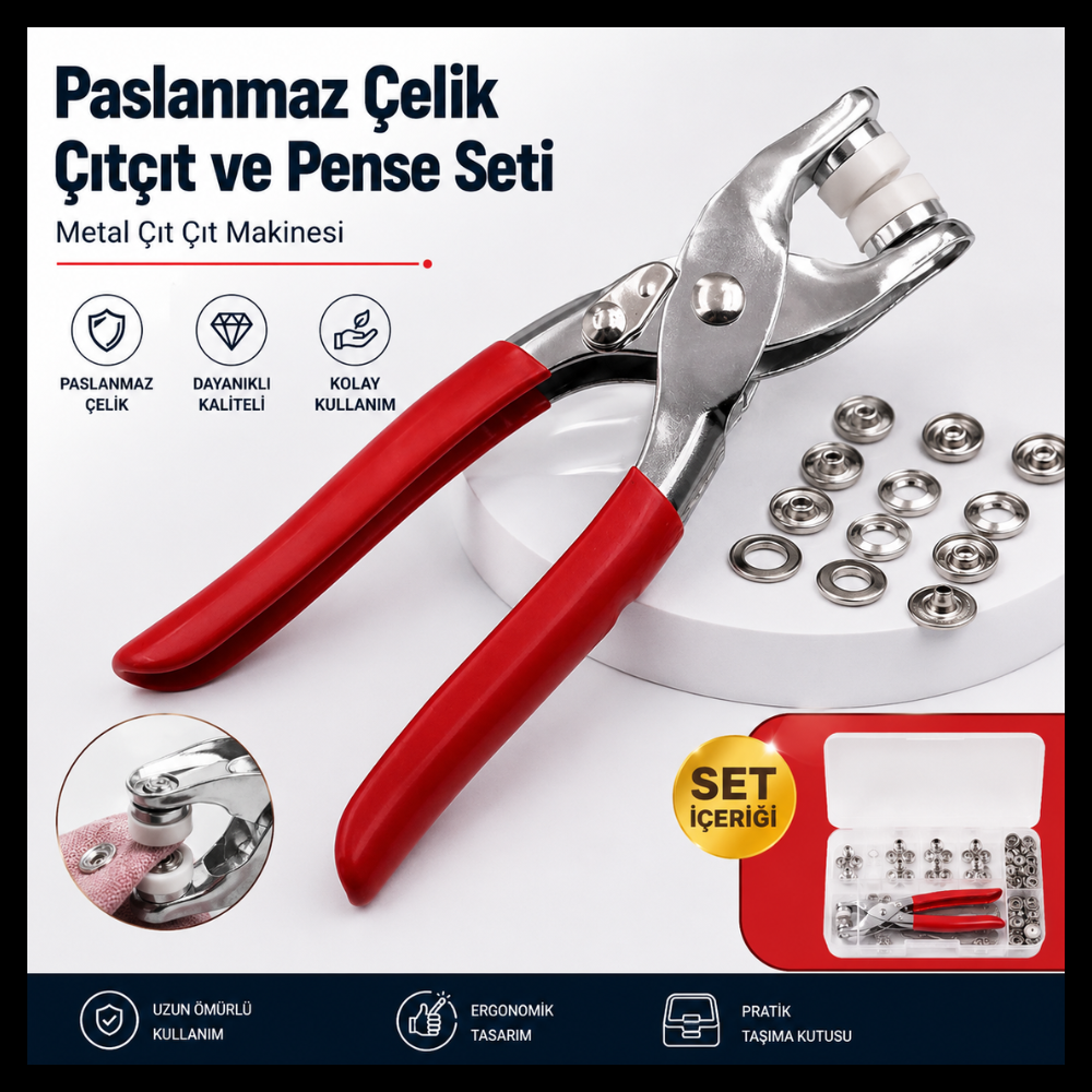 Profesyonel Paslanmaz Çelik Çıtçıt ve Pense Seti – Metal Çıt Çıt Takma Aparatı, Kumaş Deri Branda Tamir Kiti