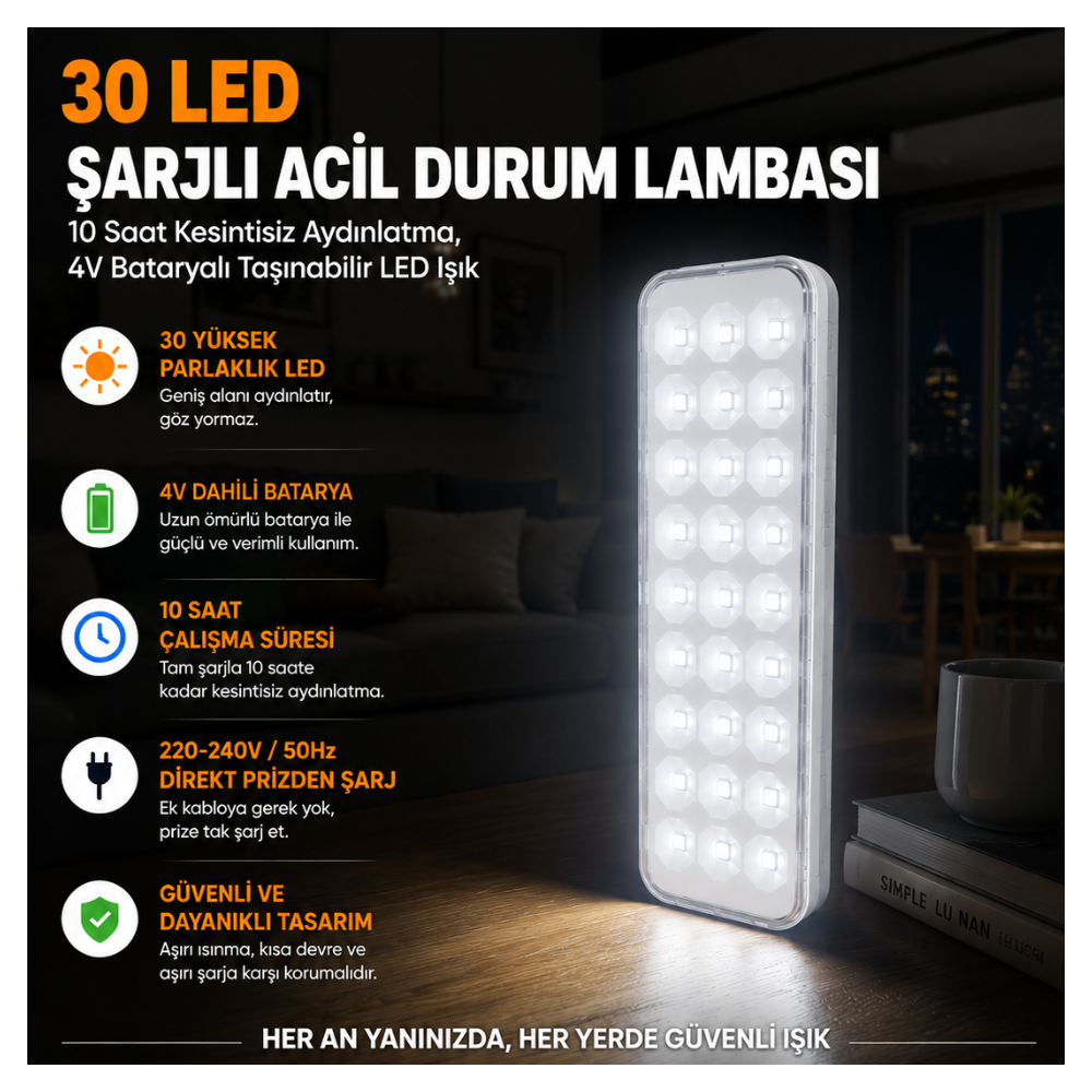 30 LED Şarjlı Acil Durum Lambası – 10 Saat Kesintisiz Aydınlatma, 4V Bataryalı Taşınabilir LED Işık