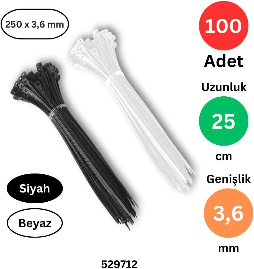 ablo Bağı, 250 mm x 3.6 mm, Siyah ve Beyaz, Toplam 100 Adet Set
