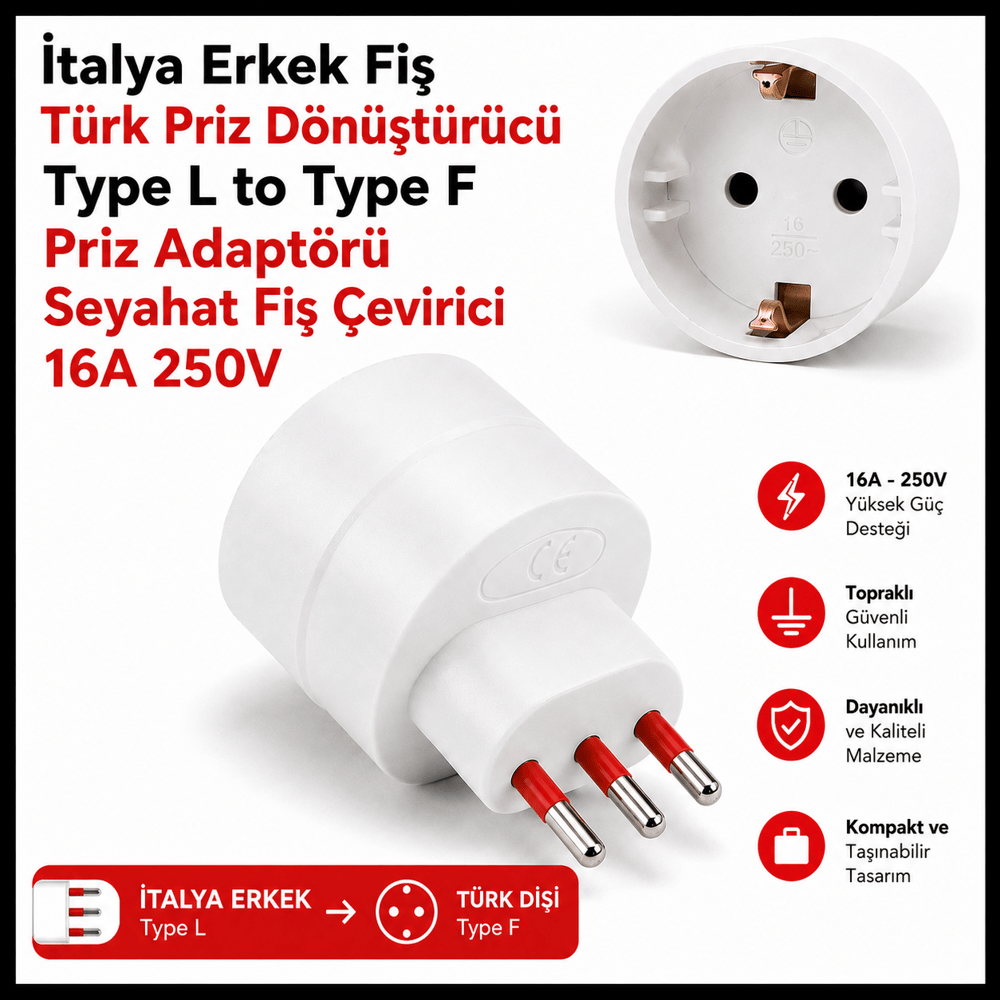 İtalya Erkek Fiş Türk Priz Dönüştürücü Type L to Type F Priz Adaptörü Seyahat Fiş Çevirici 16A 250V