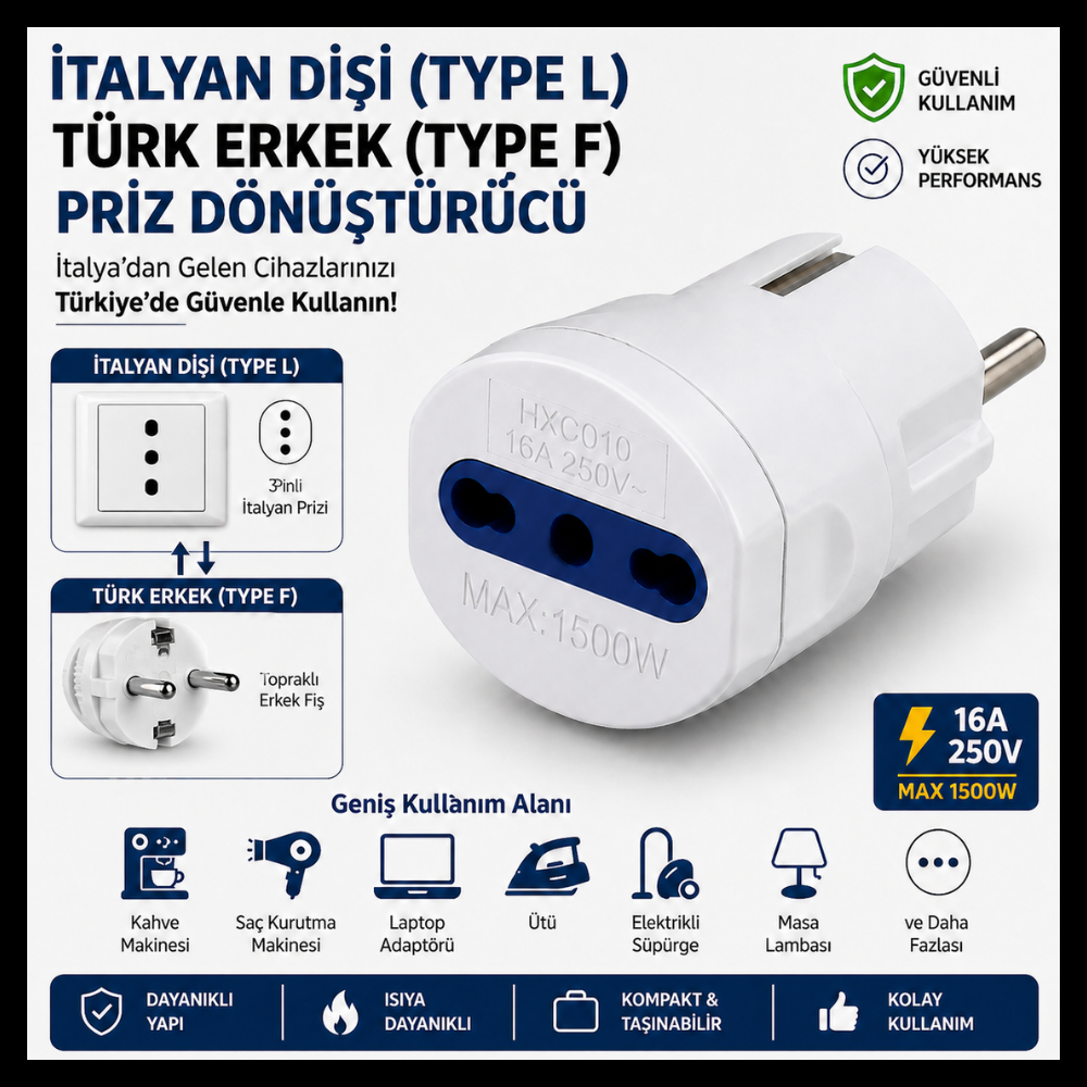 İtalyan Dişi (Type L) Türk Erkek (Type F) Priz Dönüştürücü 16A 250V İtalya Uyumlu 3 Pin Adaptör