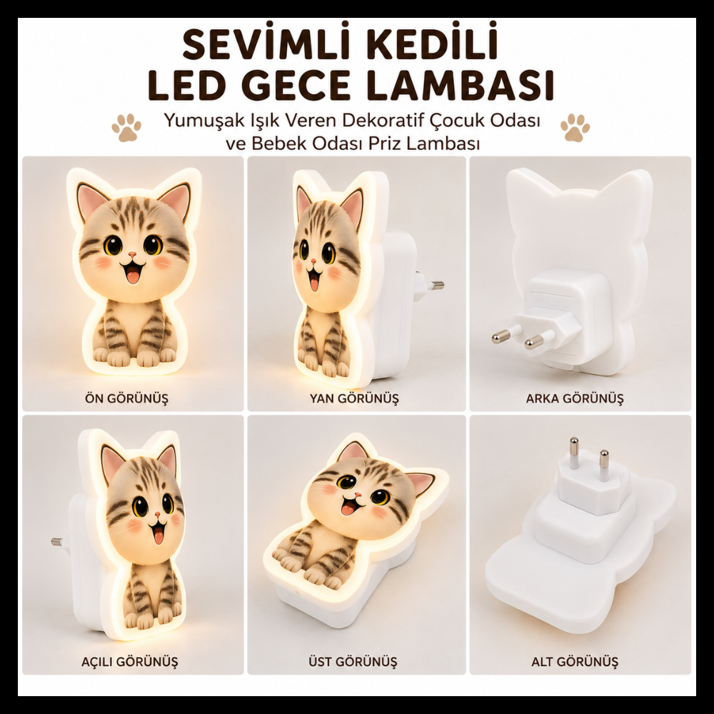 Sevimli Kedili Fişli LED Gece Lambası | Yumuşak Işık Veren Dekoratif Çocuk Odası ve Bebek Odası Priz Lambası