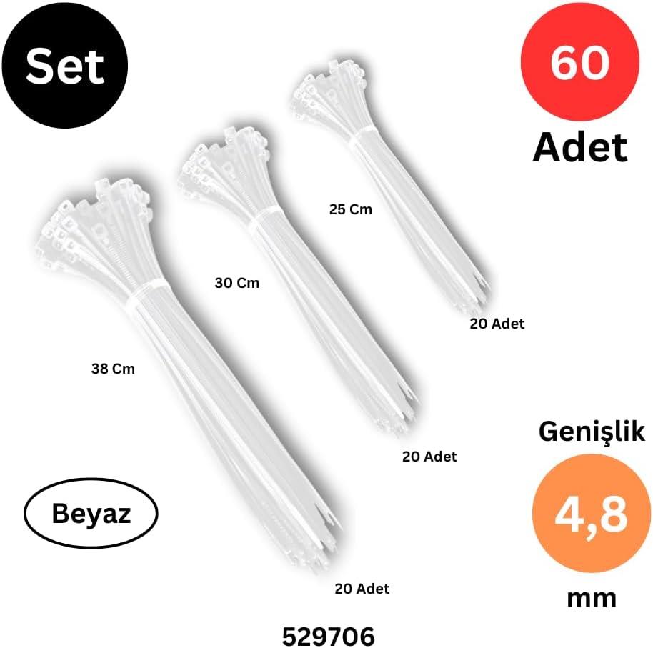 Plastik Kablo Bağı, 250-300-380 mm x 4.8 mm, 60 Adet, Beyaz