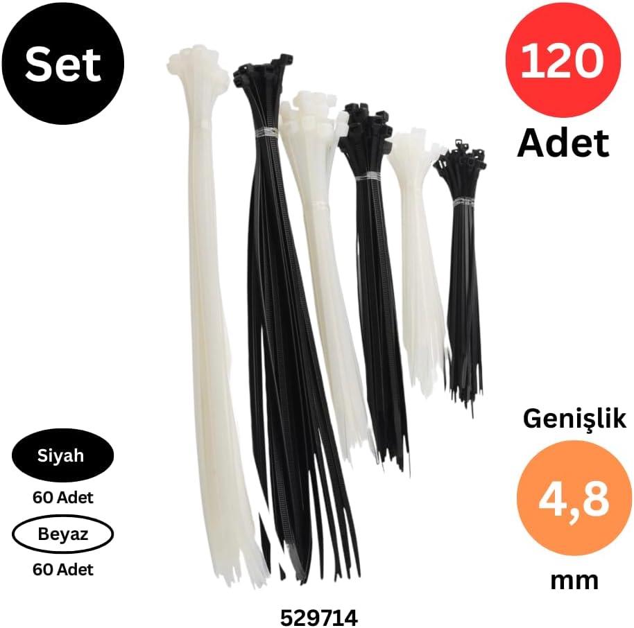 Plastik Kablo Bağı, 250-300-380 mm x 4.8 mm, Siyah ve Beyaz, 120 Adet Set, İç/Dış Mekan