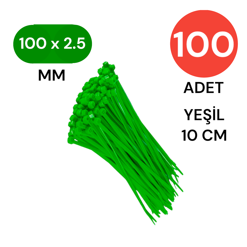 Plastik Kablo Bağı Cırt Kelepçe 100 Mm X 2.5 Mm Yeşil 100 Adet