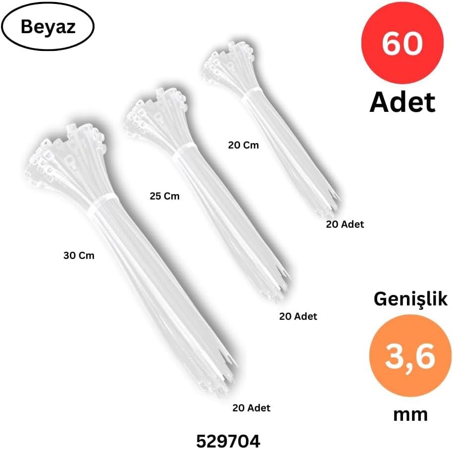 Plastik Kablo Bağı, Cırt Kelepçe 200-250-300 mm x 3.6 mm, 60 Adet, Beyaz