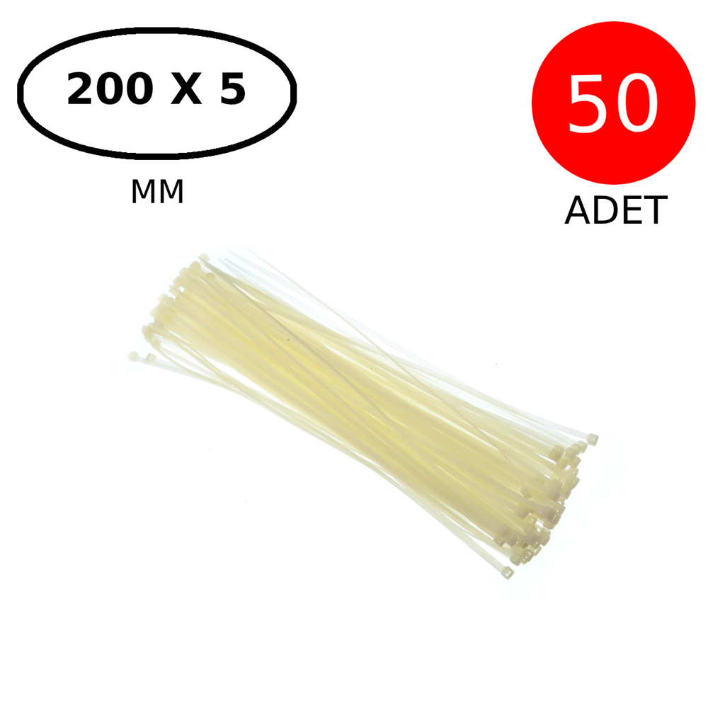 Plastik Kablo Bağı Cırt Kelepçe 200 Mm X 5 Mm Beyaz 50 Adet