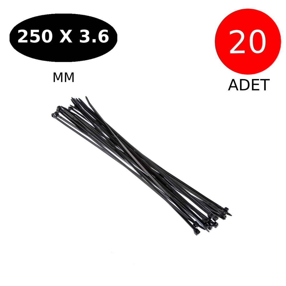 Plastik Kablo Bağı Cırt Kelepçe 250 Mm X 3.6 Mm Siyah 20 Adet