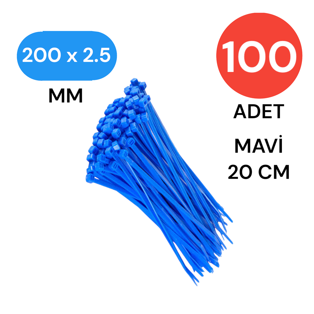 Plastik Kablo Bağı Klipsi Cırt Kelepçe 200 mm X 2.5mm Mavi 100 Adet