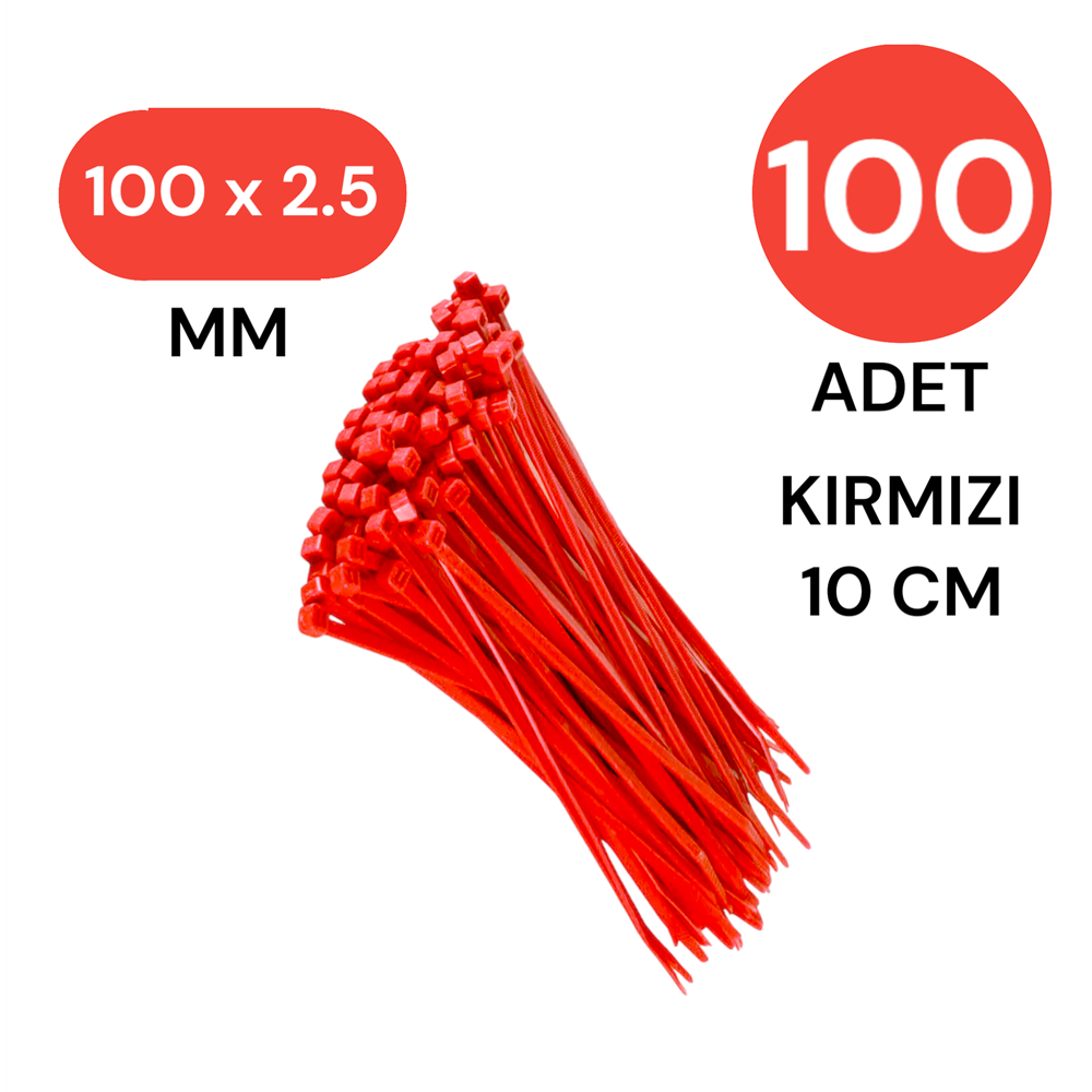 Plastik Kablo Bağı Klipsi Cırt Kelepçe 100 Mm X 2.5 Mm Kırmızı 100 Adet