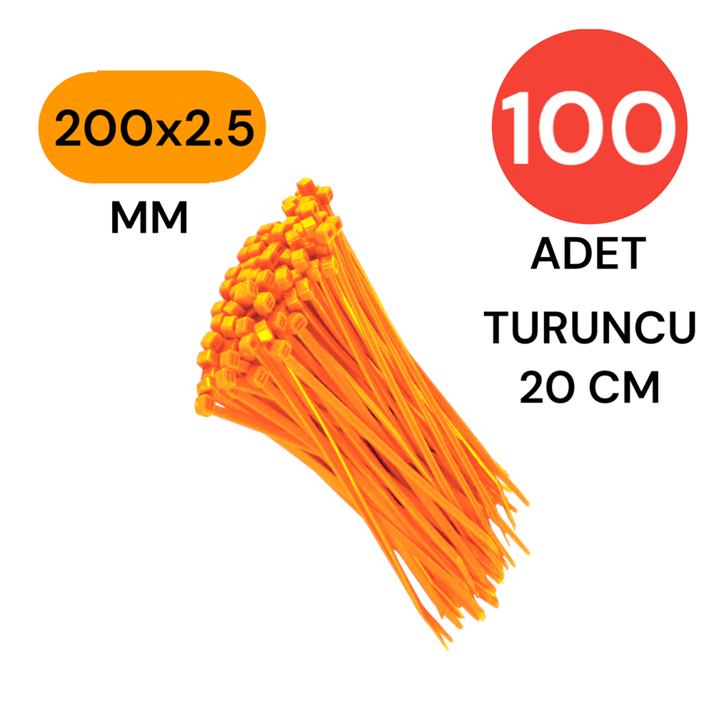 Plastik Kablo Bağı Klipsi Cırt Kelepçe 200 Mm X 2.5 Mm Turuncu 100 Adet