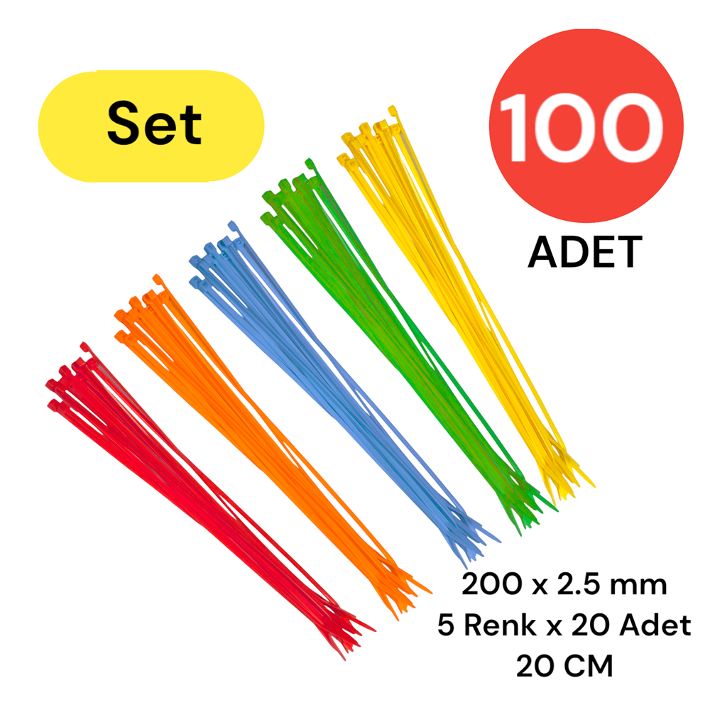 Plastik Kablo Bağı Klipsi Cırt Kelepçe Karışık Renk Set 200 Mm 5 Renk X 20 Toplam 100 Adet