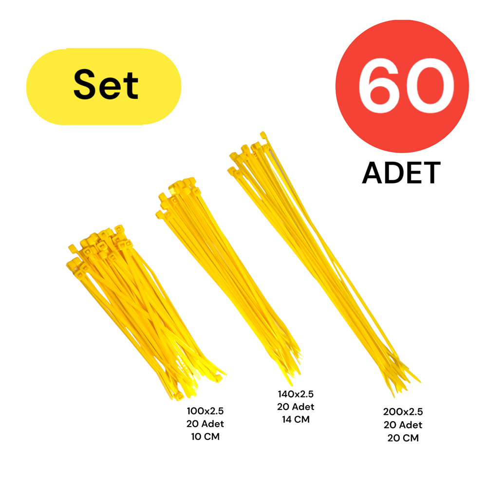Plastik Kablo Bağı Klipsi Cırt Kelepçe Set 100-150-200 X 2.5 Mm Sarı (20 X 3) 60 Adet