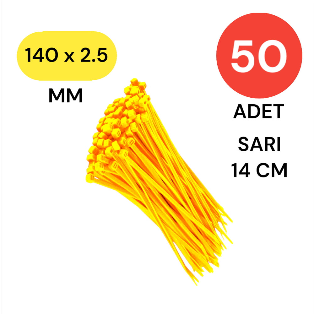 Plastik Kablo Bağı Klipsi Cırt Kelepçe 140 mm X 2.5 mm Sarı 50 Adet
