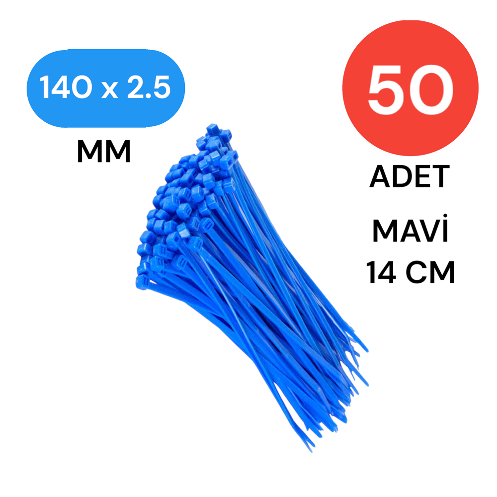 Plastik Kablo Bağı Klipsi Cırt Kelepçe 140 Mm X 2.5 Mm Mavi 50 Adet