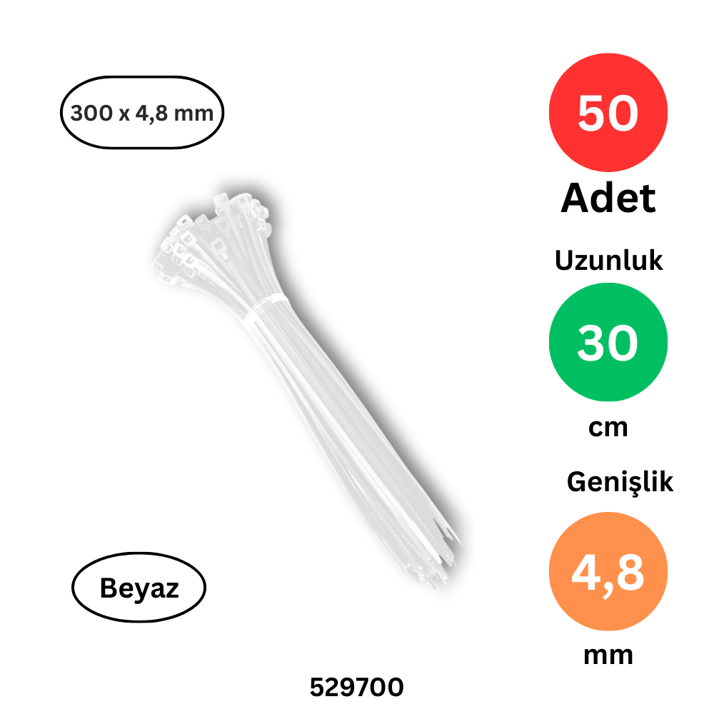 Tek-İş 300mm x 4.8mm Beyaz Plastik Kablo Bağı | 50 Adet | Güçlü Cırt Kelepçe | Kablo Sabitleme ve Düzenleme Çözümü