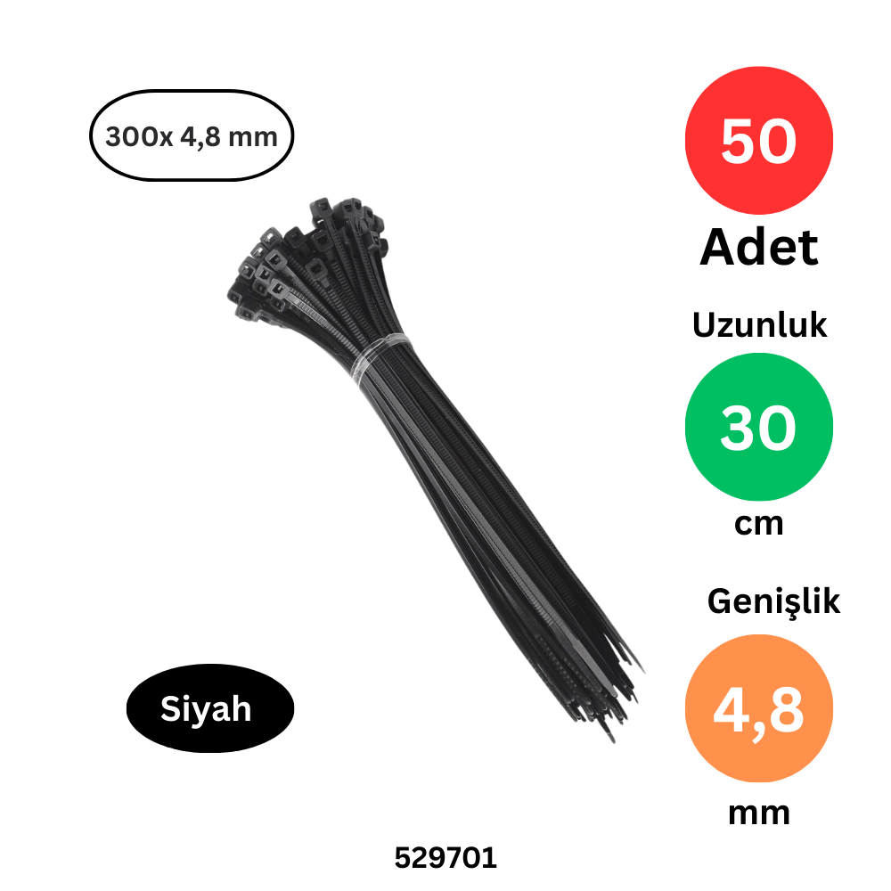 Tek-İş 300mm x 4.8mm Siyah Plastik Kablo Bağı | 50 Adet | Güçlü Cırt Kelepçe | Endüstriyel ve Ev Tipi Sabitleme Çözümü